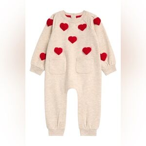 TUCKER + TATE Print Shoulder Pleat Fleece Romper - Beige Oatmeal Heather Hearts